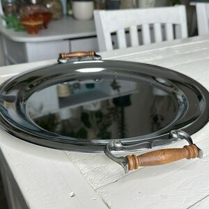 Vintage round Heritage House Kromex Serving Tray with wooden handles Chrome